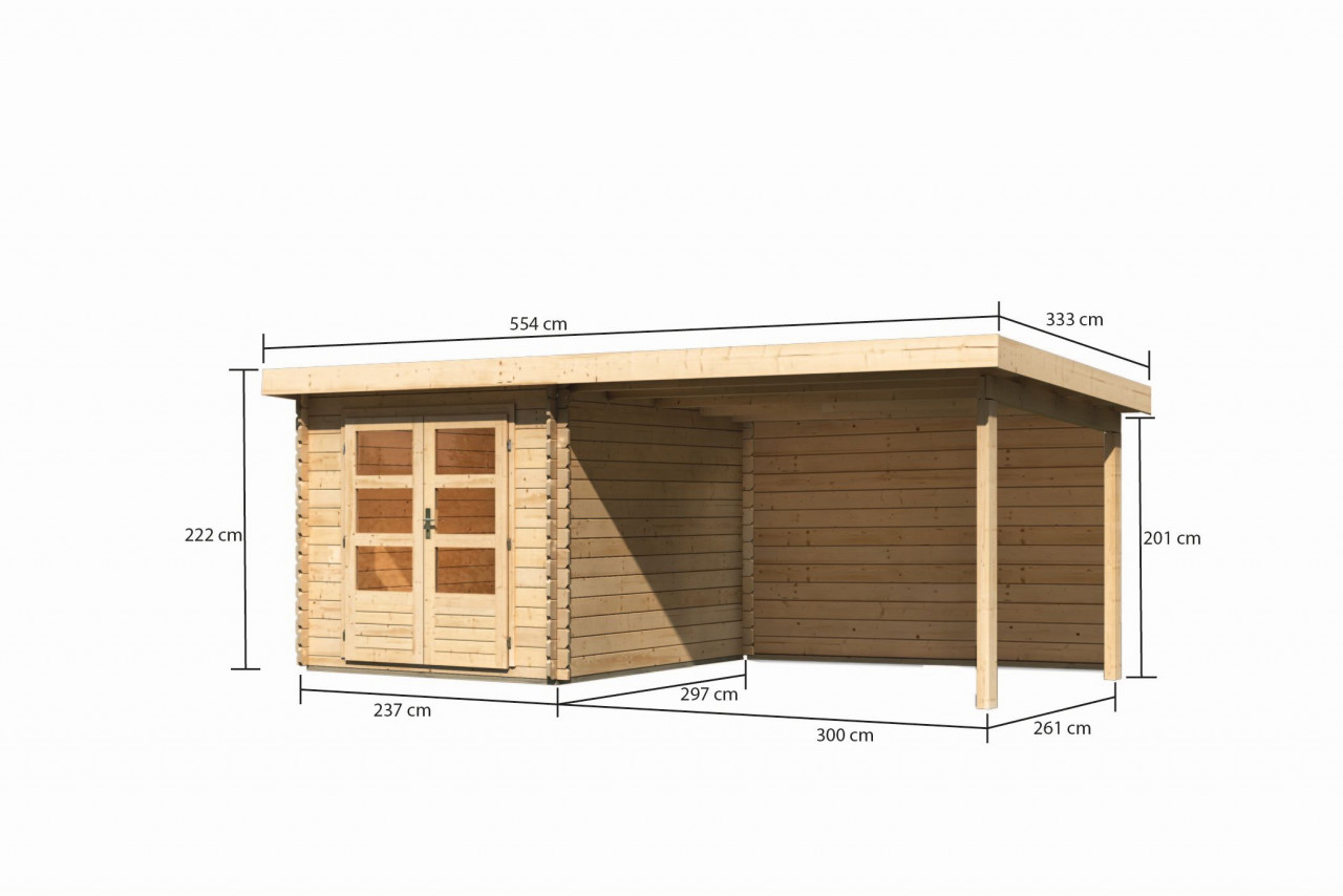 Karibu Gartenhaus "Schloßsee 4" mit Anbaudach und Rückwand