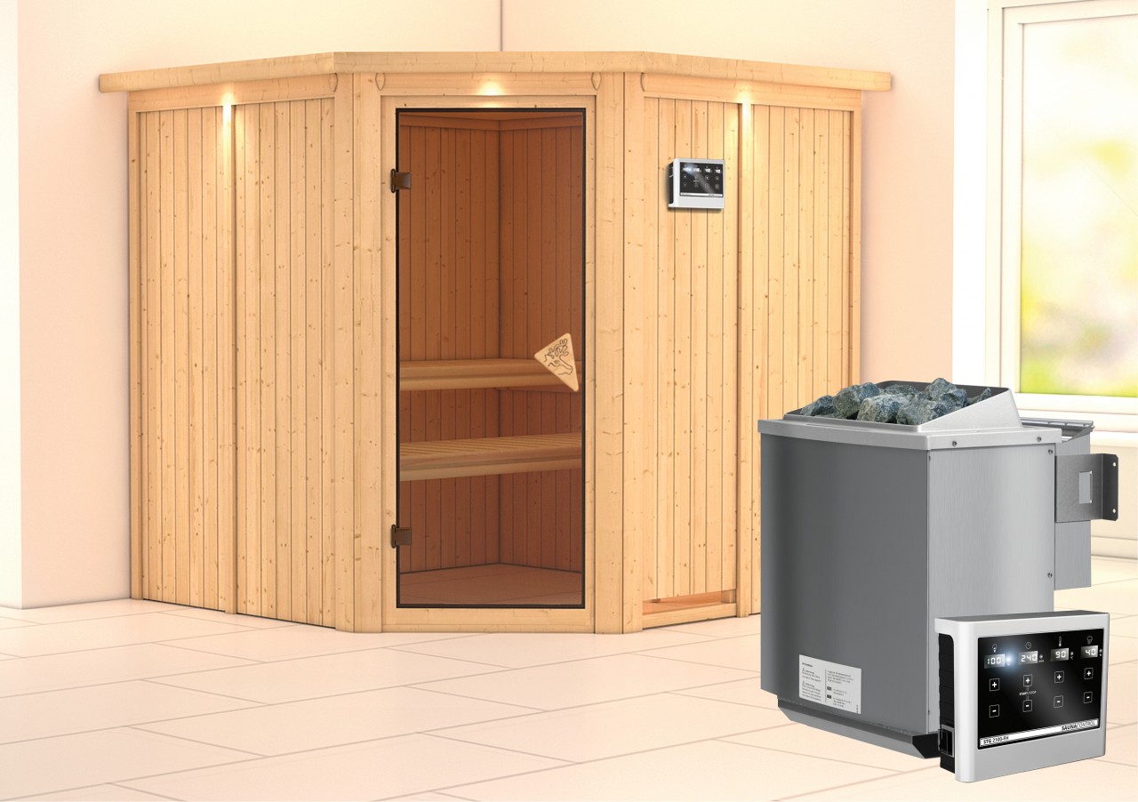 Sauna JARIN 196 x 196 m 9.0 kW BioKombiofen inkl. Steuergerät mit Dachkranz Ganzglastür bronziert