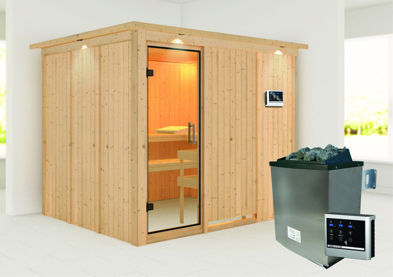 Sauna GOBIN 231 x 196 m 9.0 kW Ofen inkl. Steuergerät mit Dachkranz Ganzglastür Klarglas