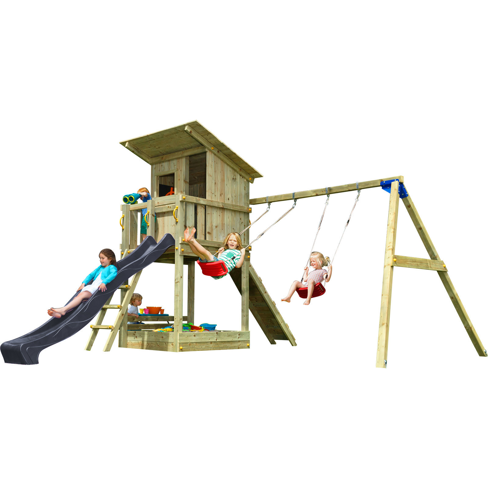 Spielturm BEACH HUT mit Rutsche 2,90 m Kletterrampe Doppelschaukel Kletterturm