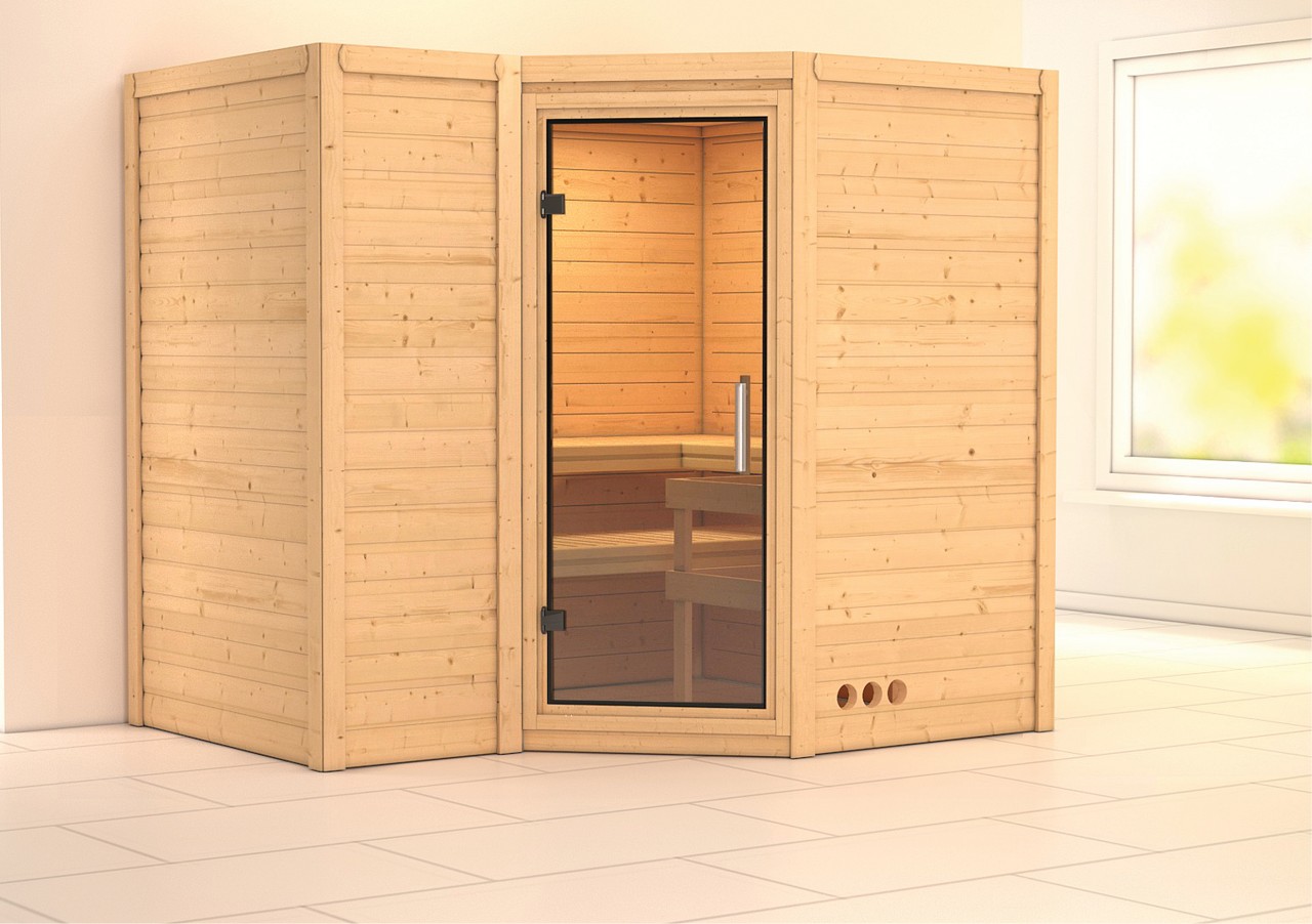 Karibu  Massivholzsauna SAHIB 2 2,36 x 1,84 m 40 mm  ohne Ofen ohne Dachkranz Ganzglastür Klarglas 85733