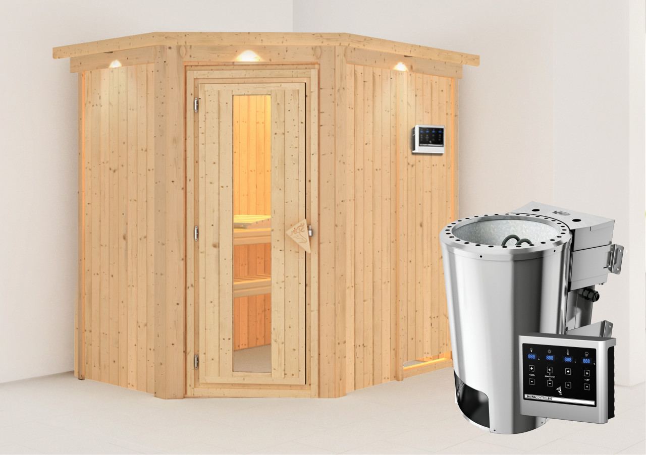 Sauna SAJA 151 x 196 m 3.6 kW BioKombiofen ext. Steuerung mit Dachkranz Energiespartür