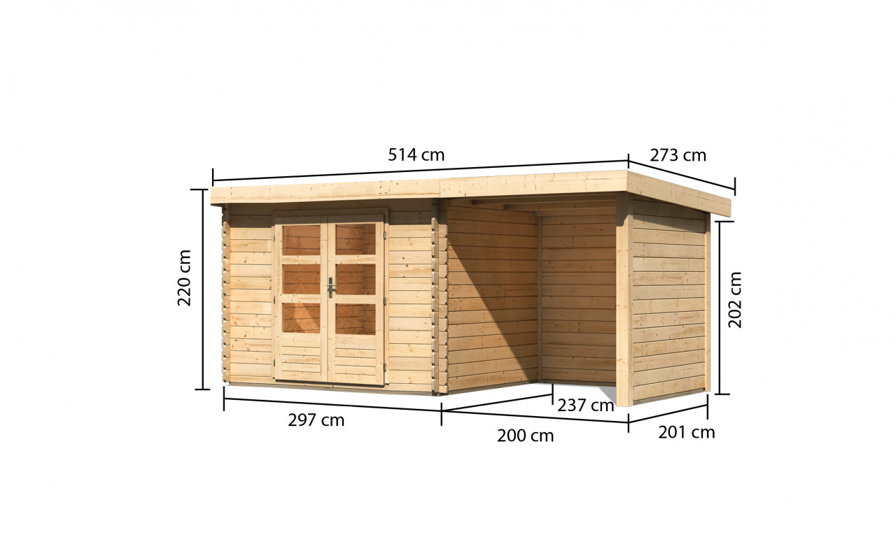Gartenhaus Holz BASTRUP 3 297 x 237 m 28 mm Blockbohlenhaus Naturbelassen inkl. 200 m Anbaudach + Rück und Seitenwand