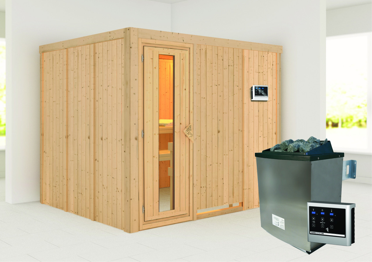 Sauna GOBIN 231 x 196 m 9.0 kW Ofen inkl. Steuergerät ohne Dachkranz Energiespartür