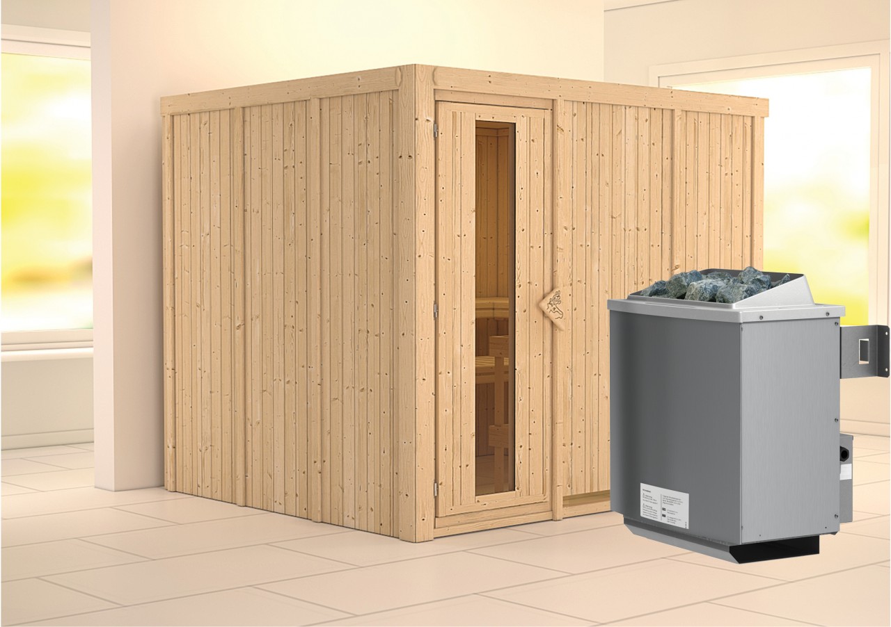 Sauna GOBIN 231 x 196 m 9.0 kW Ofen integr. Steuerung ohne Dachkranz Energiespartür