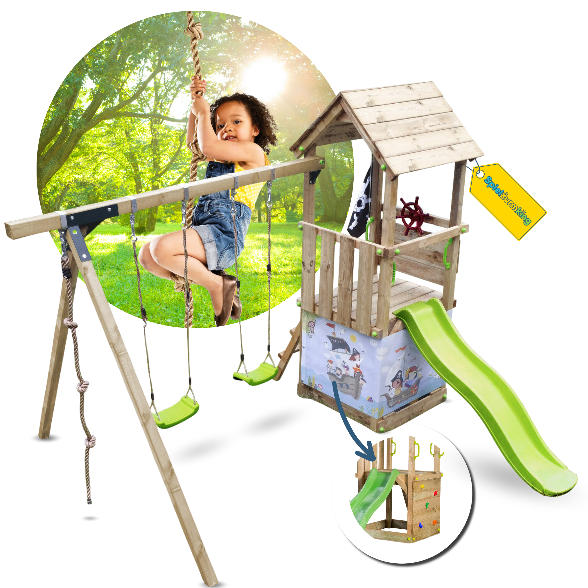 Spielturm LITTLE KIOSK Rutsche Schaukel Kletterseil Klettersteine Plane Fahne