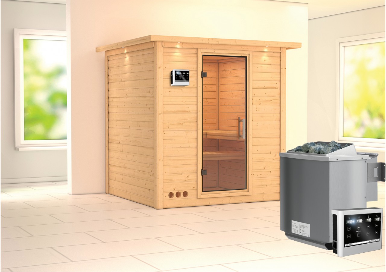 Sauna Innenkabine Mojave Innensauna 3 Sitzbänke aus Holz in Naturbelassen Saunakabine Wandstärke 40 mm Inklusive Ofen Infrarotsauna