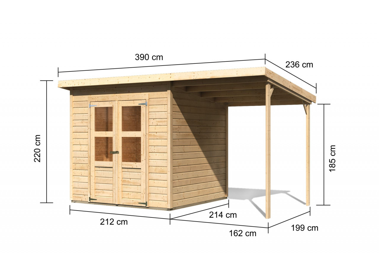 Karibu Gerätehaus Merseburg naturbelassen, seitlicher Anbau, 212x214 cm