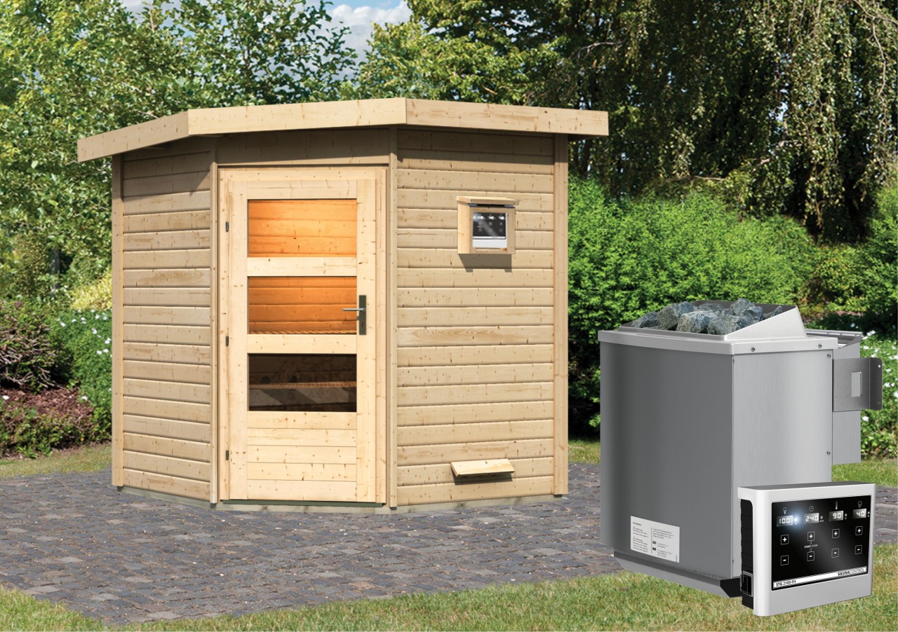 Saunahaus PEKKA 1,96 x 1,96 cm - 9.0 kW Bio-Kombiofen ext. Steuerung ISO-Glas Klarglas Saunahaus PEKKA 1,96 x 1,96 cm - 9.0 kW Bio-Kombiofen ext. Steuerung ISO-Glas Klarglas