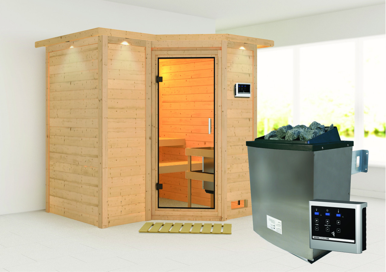 Massivholzsauna SAHIB 1 193 x 184 m 40 mm 9.0 kW Ofen inkl. Steuergerät mit Dachkranz Ganzglastür Klarglas