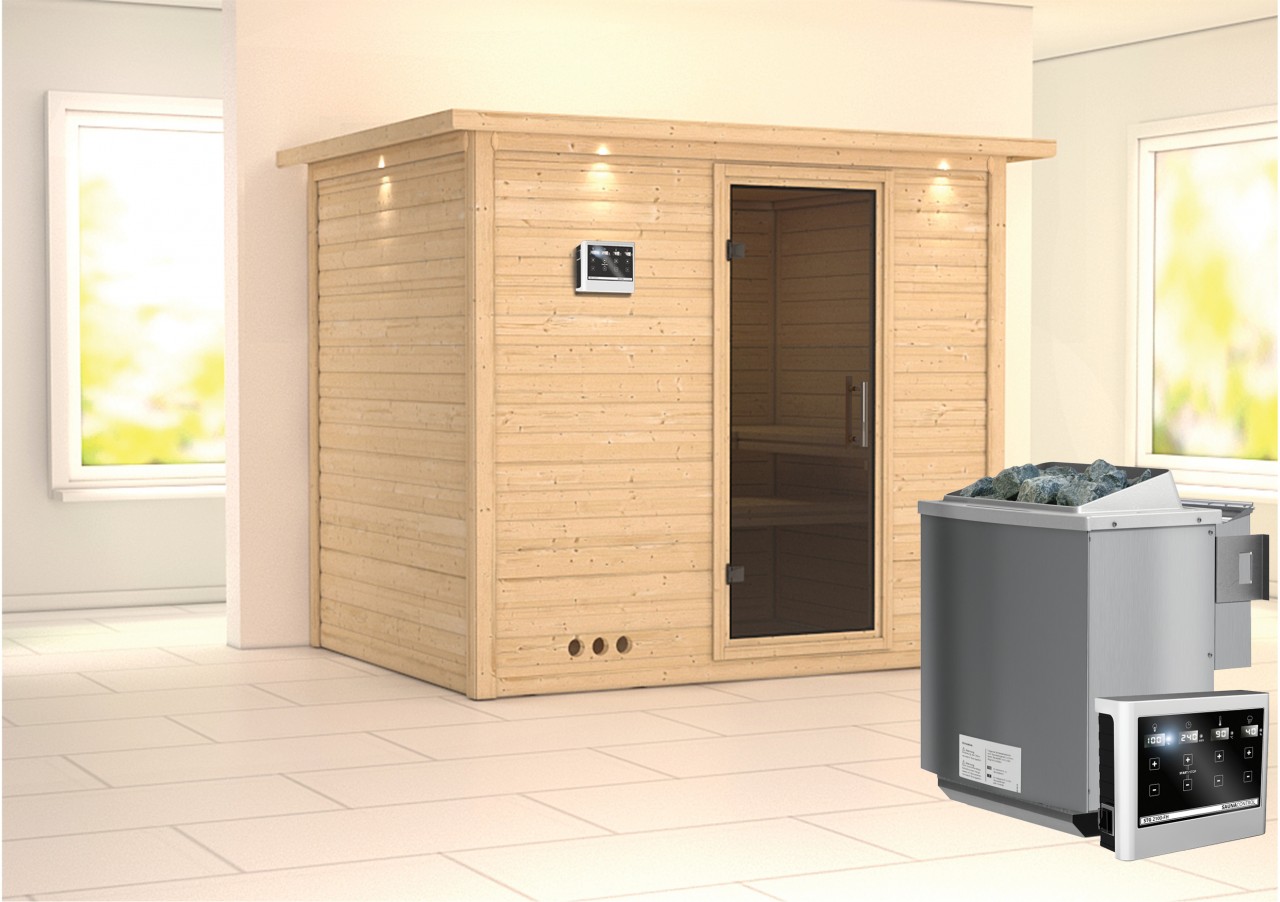Massivholzsauna SONARA 231 x 196 m 38 mm 9.0 kW BioKombiofen inkl. Steuergerät mit Dachkranz Ganzglastür graphit