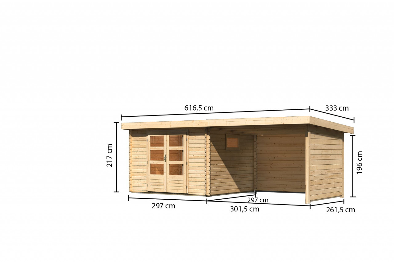 Gartenhaus Holz TRITTAU 3 38 mm 297 x 297 m Naturbelassen inkl. 330 m Anbaudach + Seiten und Rückwand