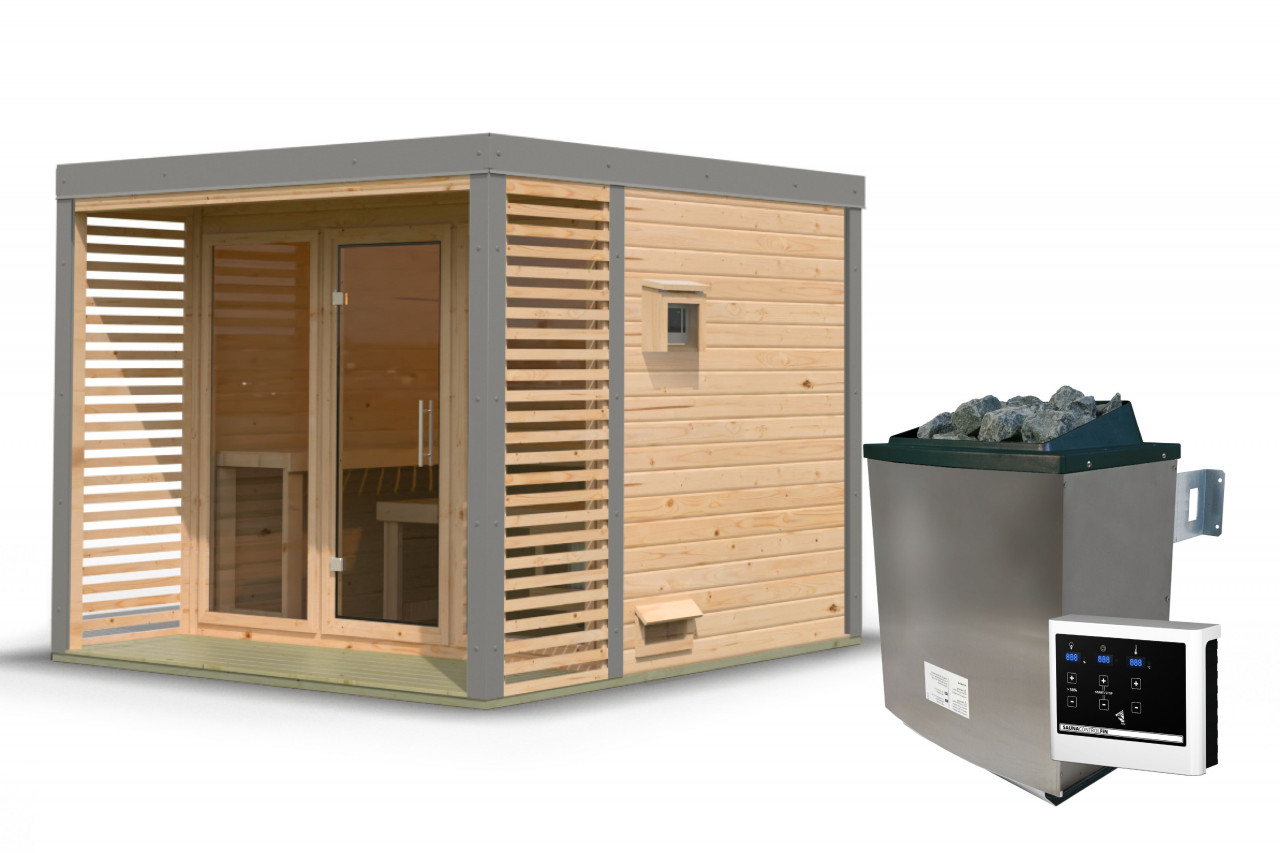 Saunahaus ARES 3 277 x 276 m 38 mm 9.0 kW Ofen inkl. Steuergerät Naturbelassen Graualuminium
