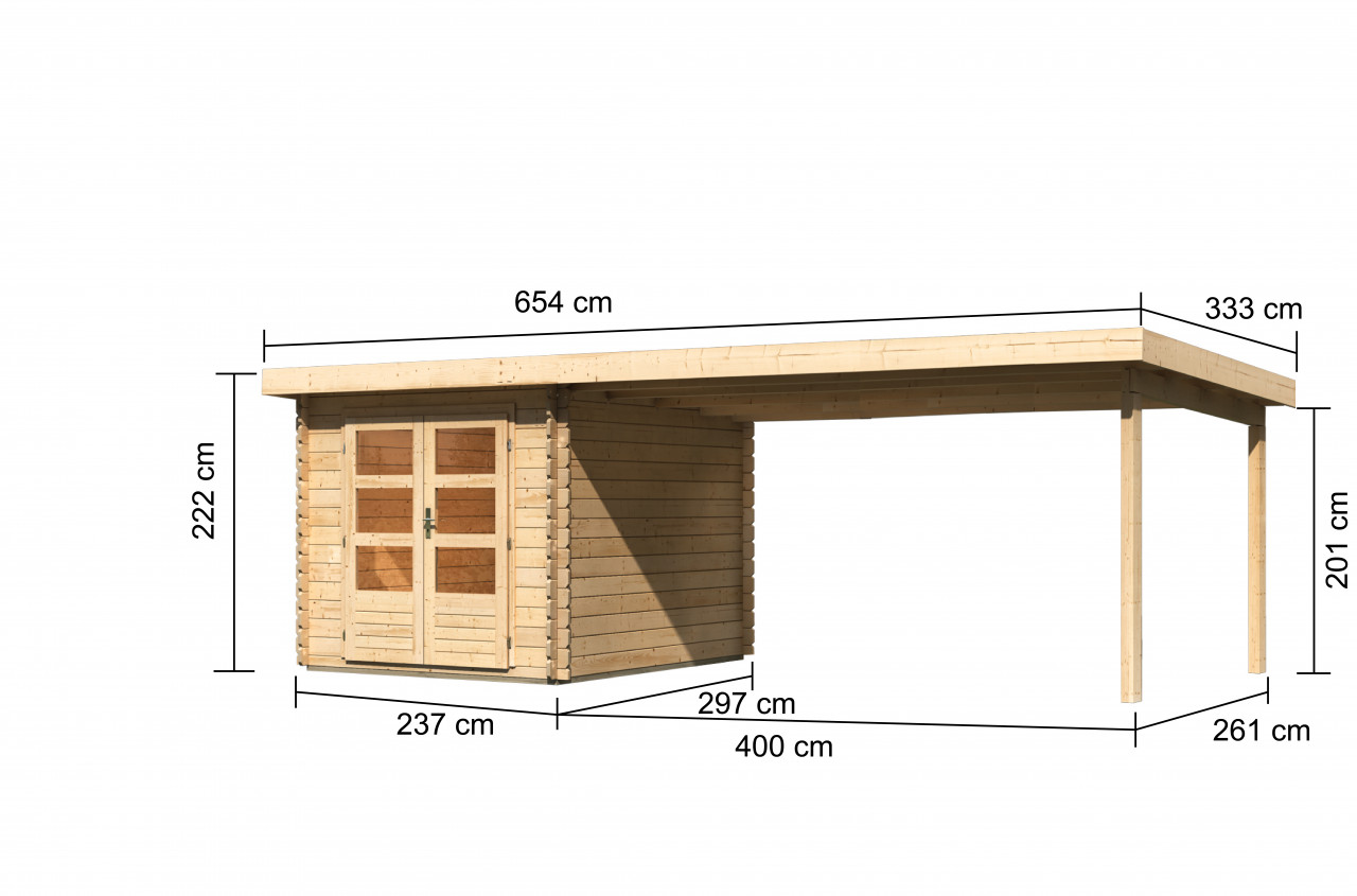 Gartenhaus Holz BASTRUP 4 237 x 297 m 28 mm Blockbohlenhaus Naturbelassen inkl. 400 m Anbaudach