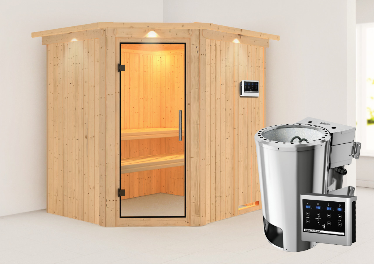 Sauna LILJA 196 x 170 m 3.6 kW BioKombiofen ext. Steuerung mit Dachkranz Klarglastür