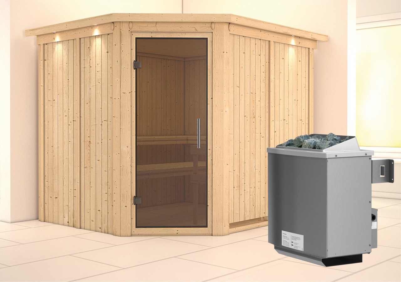 Sauna MALIN 231 x 196 m 9.0 kW Ofen integr. Steuerung mit Dachkranz Ganzglastür graphit
