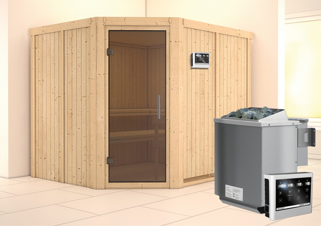 Sauna MALIN 231 x 196 m 9.0 kW BioKombiofen inkl. Steuergerät ohne Dachkranz Ganzglastür graphit