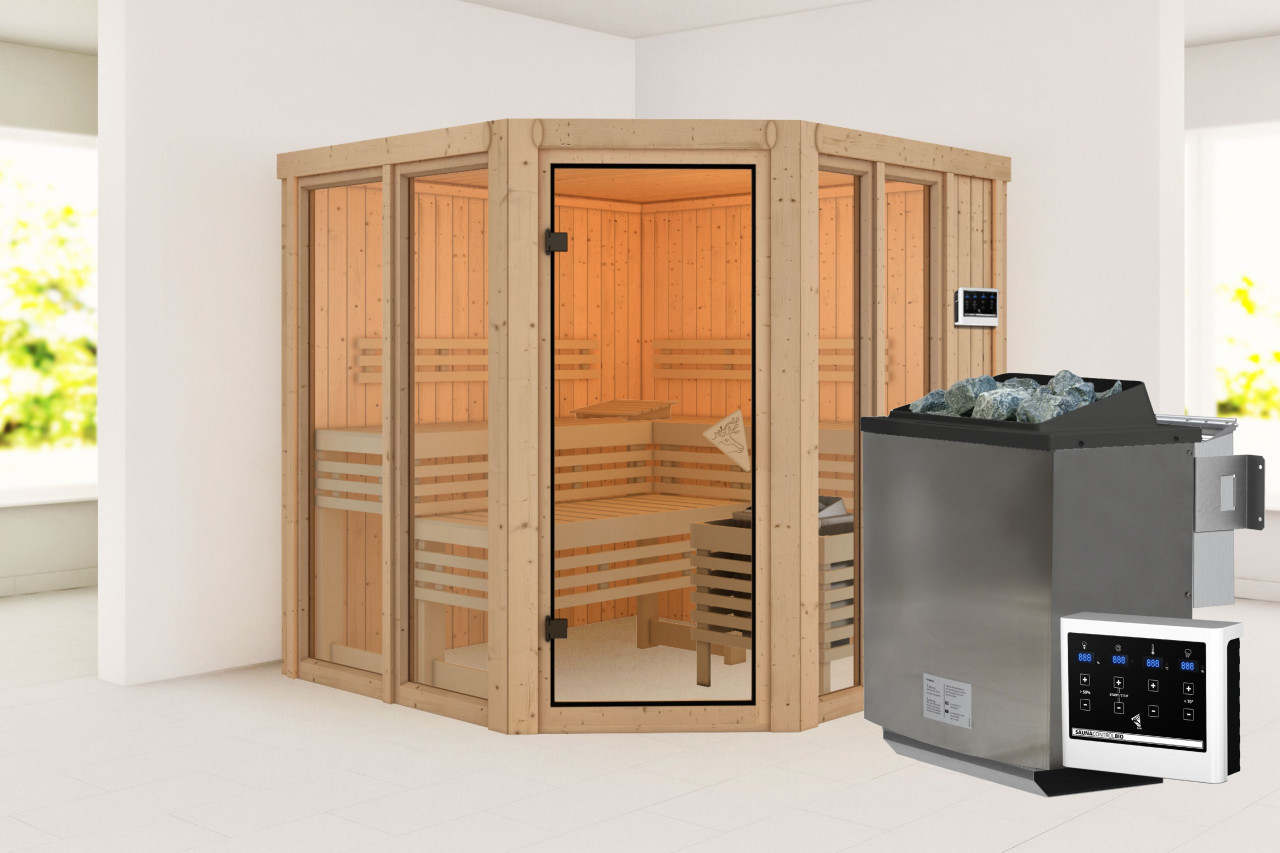 Sauna AIRI 196 x 196 m 9.0 kW BioOfen mit ext. Steuerung ohne Dachkranz