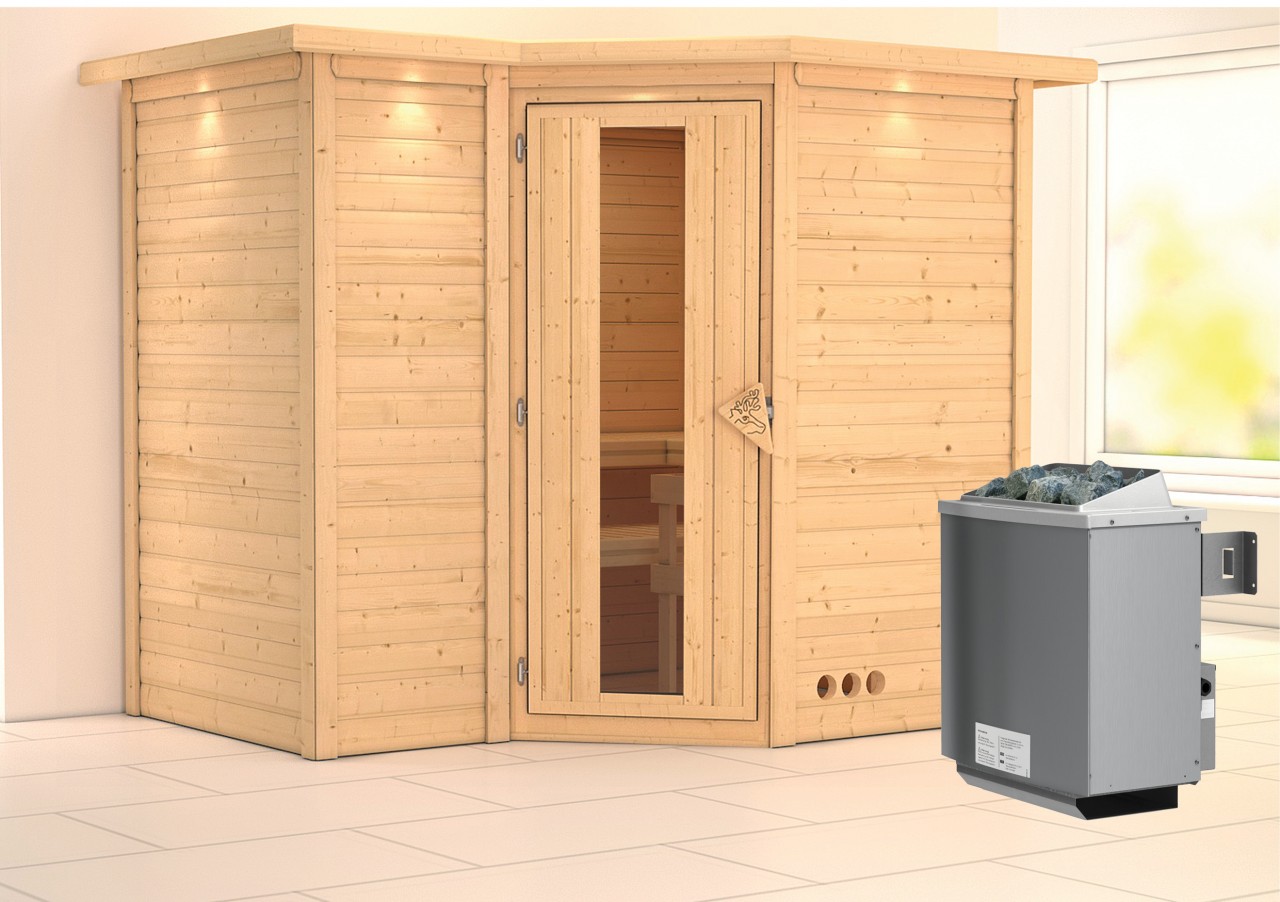 Massivholzsauna SAHIB 2 236 x 184 m 40 mm 9.0 kW Ofen integr. Steuerung mit Dachkranz Energiespartür