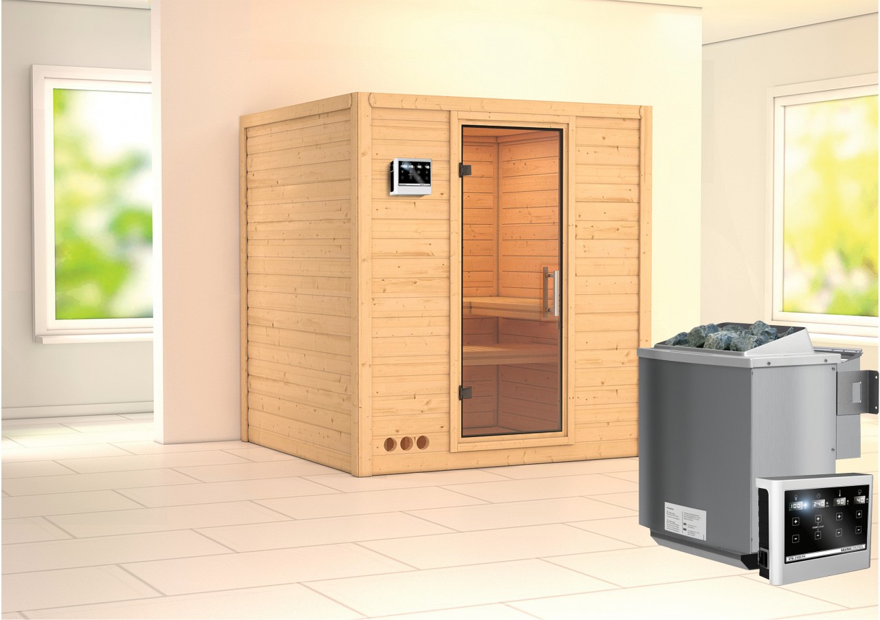 Sauna Innenkabine Mojave Innensauna 3 Sitzbänke aus Holz in Naturbelassen Saunakabine Wandstärke 40 mm Inklusive Ofen Infrarotsauna - Naturbelassen