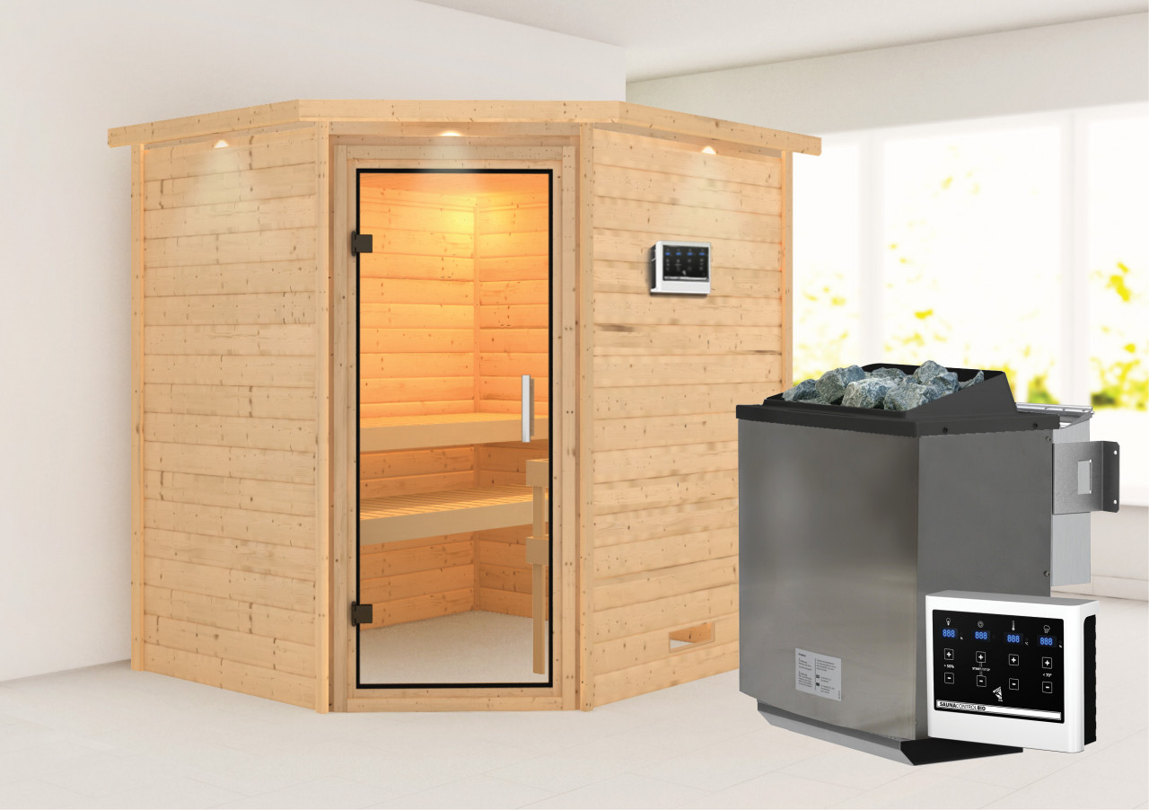 Karibu Sauna "Mia (Fronteinstieg)" Ofen 9 kW Bio externe Strg easy