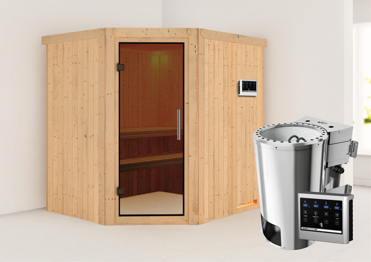 Sauna LILJA 196 x 170 m 3.6 kW BioKombiofen ext. Steuerung ohne Dachkranz Ganzglastür graphit