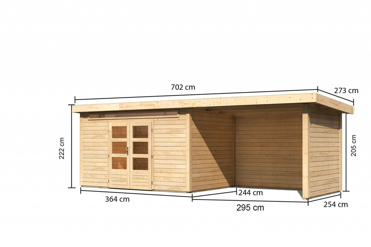 Gartenhaus Holz KANDERN 7 364 x 244 m 28 mm Flachdachhaus Naturbelassen inkl. 320 m Anbaudach + Rück und Seitenwand