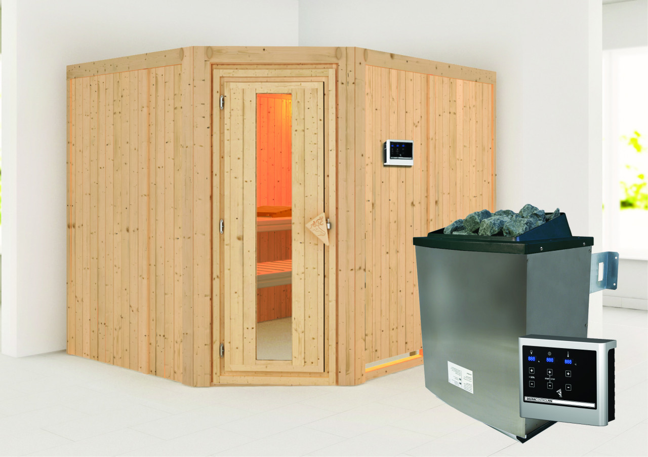 Sauna Innenkabine Malin Innensauna 3 Sitzbänke aus Holz  Saunakabine mit 68 mm Wandstärke Infrarotsauna - Naturbelassen - Karibu