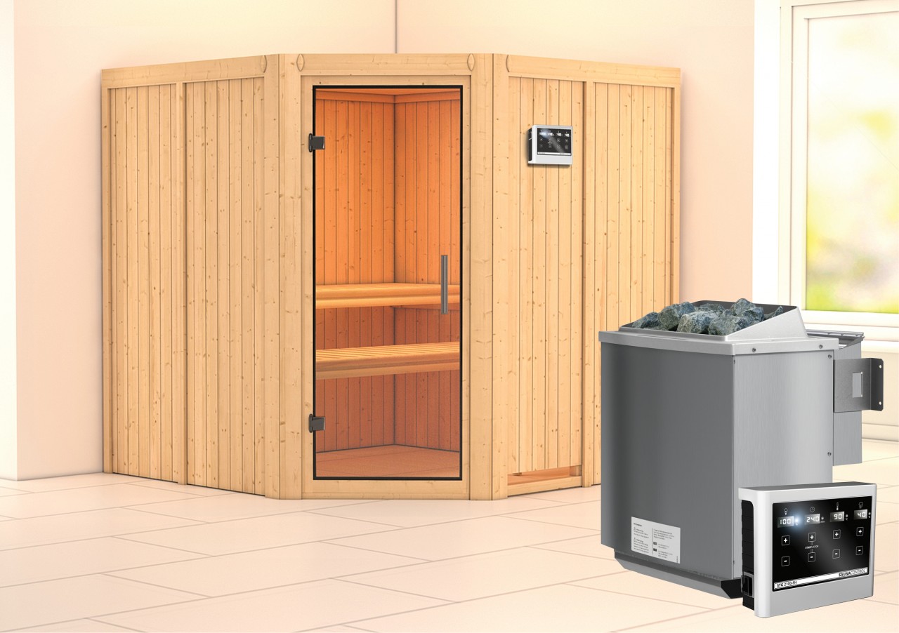 Sauna JARIN 196 x 196 m 9.0 kW BioKombiofen inkl. Steuergerät ohne Dachkranz Ganzglastür Klarglas
