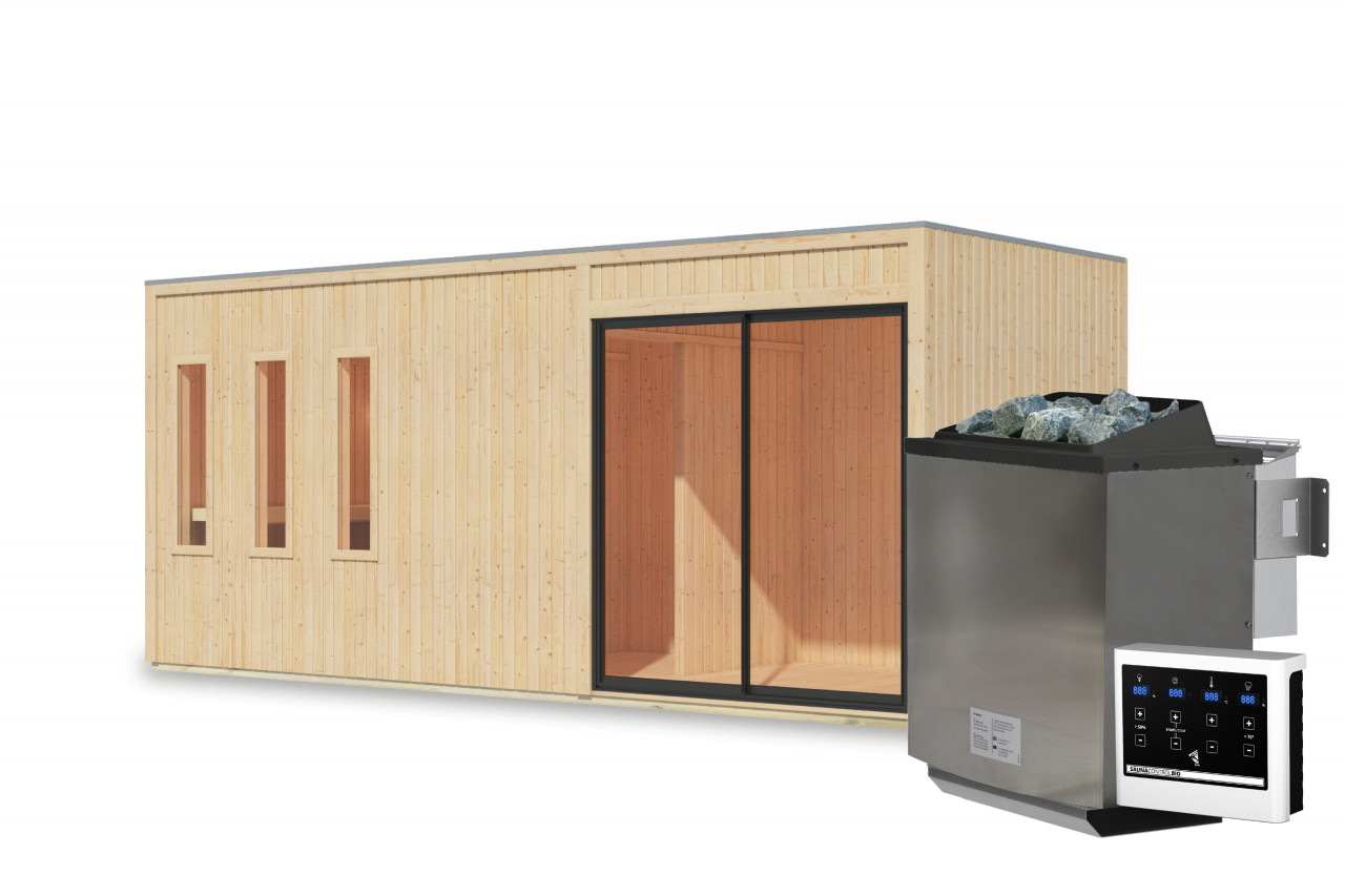 Saunahaus MONTEREY 574 x 2165 cm 73 mm mit Vorraum Naturbelassen 9.0 kW BioKombiofen inkl. Steuergerät