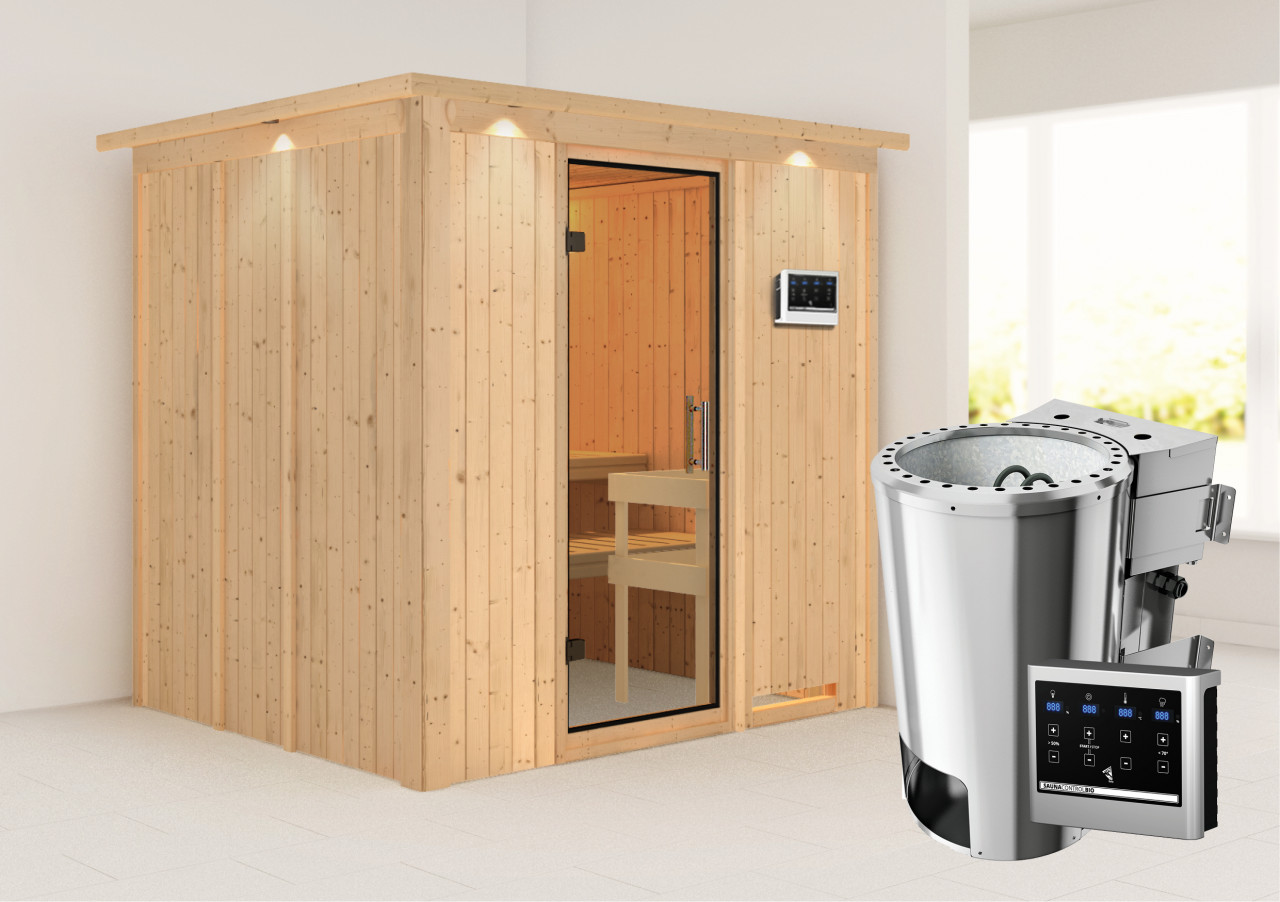 Sauna Innenkabine Daria Innensauna 2 Sitzbänke aus Holz in Naturbelassen Saunakabine Wandstärke 68 mm Inklusive Ofen Infrarotsauna - Naturbelassen