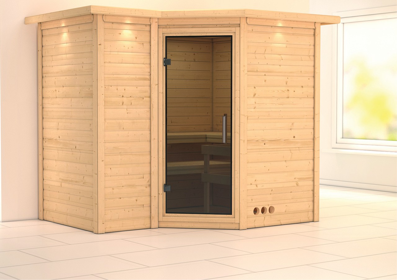 Karibu  Massivholzsauna SAHIB 2 2,36 x 1,84 m 40 mm  ohne Ofen mit Dachkranz Ganzglastür graphit 75889
