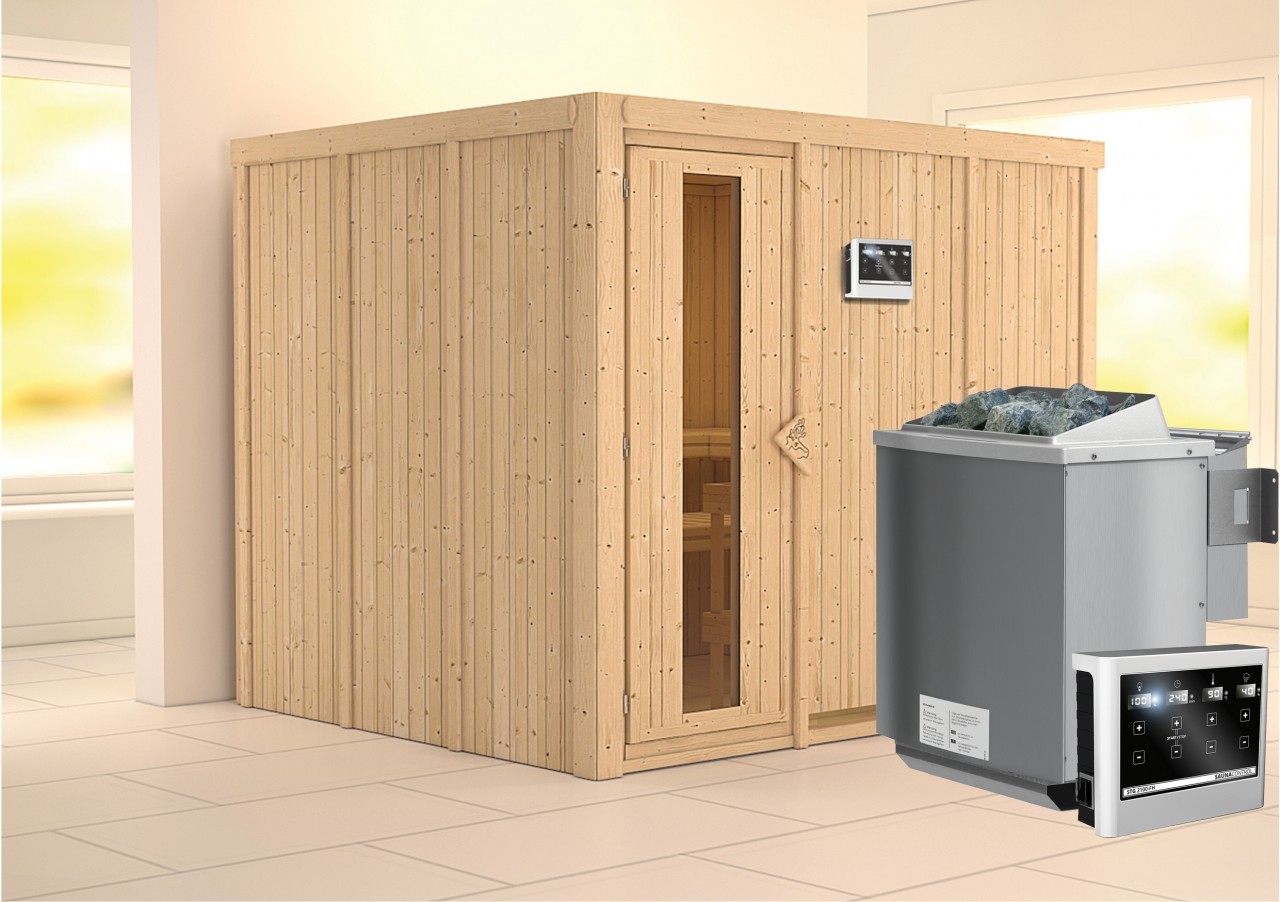 Sauna GOBIN 231 x 196 m 9.0 kW BioKombiofen inkl. Steuergerät ohne Dachkranz Energiespartür
