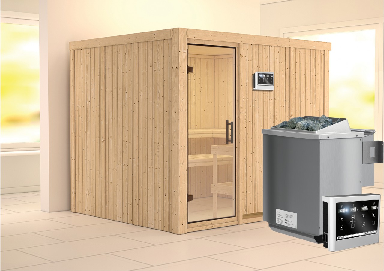 Sauna GOBIN 231 x 196 m 9.0 kW BioKombiofen inkl. Steuergerät ohne Dachkranz Ganzglastür Klarglas