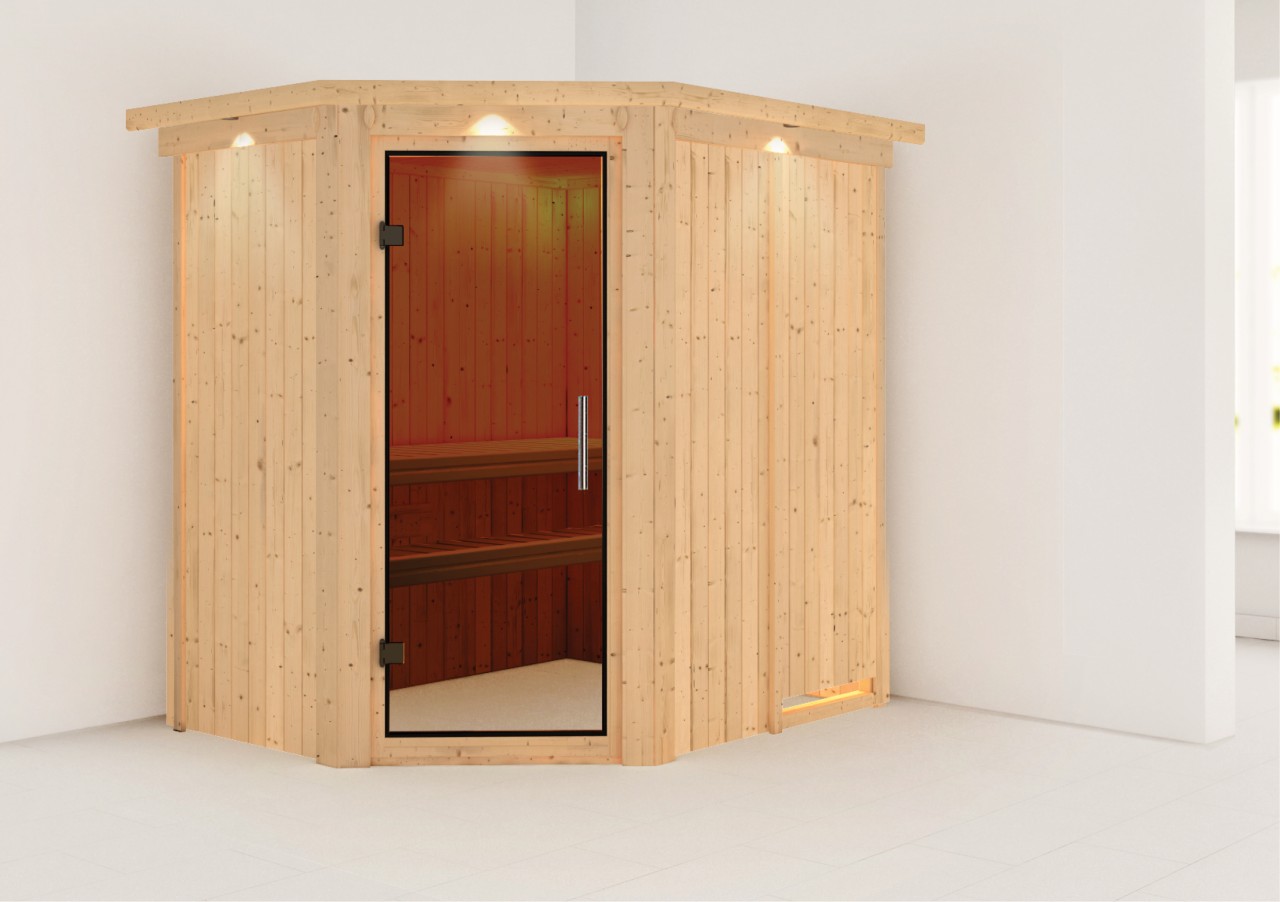Karibu  Sauna SAJA 1,51 x 1,96 m  ohne Ofen mit Dachkranz Ganzglastür graphit 85912