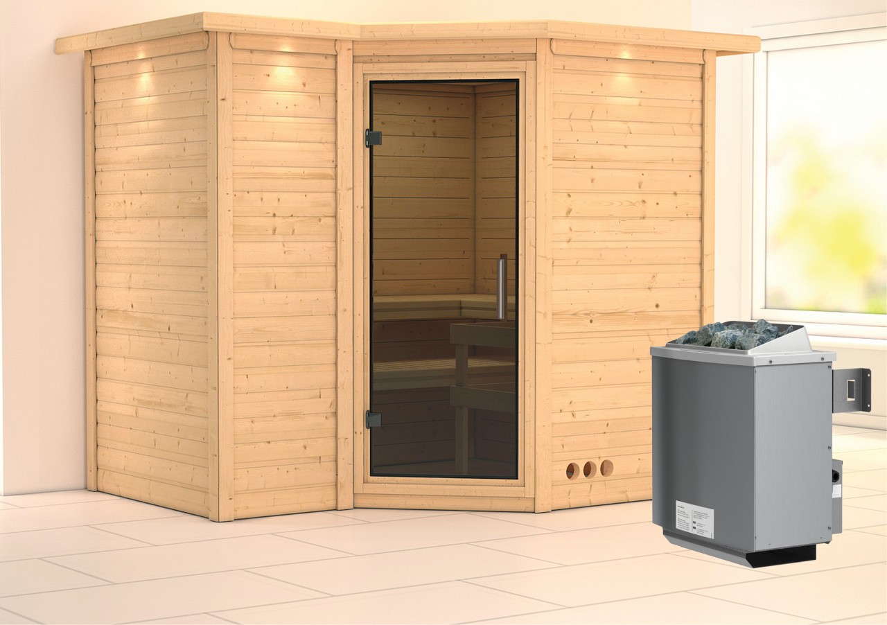 Massivholzsauna SAHIB 2 236 x 184 m 40 mm 9.0 kW Ofen integr. Steuerung mit Dachkranz Ganzglastür graphit