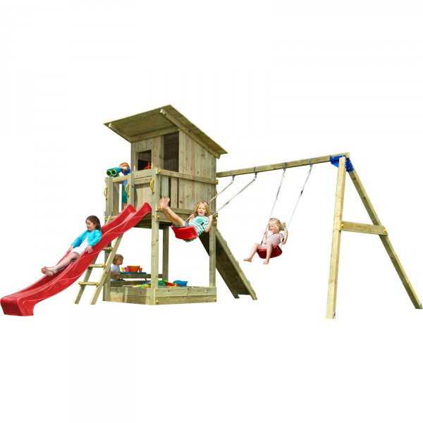 Spielturm BEACH HUT mit Rutsche 2,90 m + Kletterrampe + Doppelschaukel