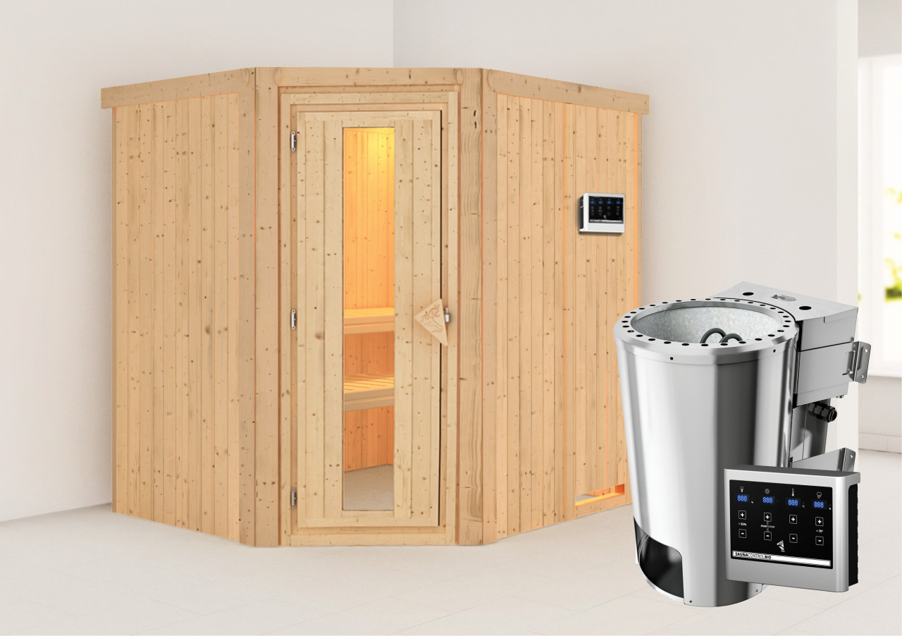 Sauna LILJA 196 x 170 m 3.6 kW BioKombiofen ext. Steuerung ohne Dachkranz Energiespartür