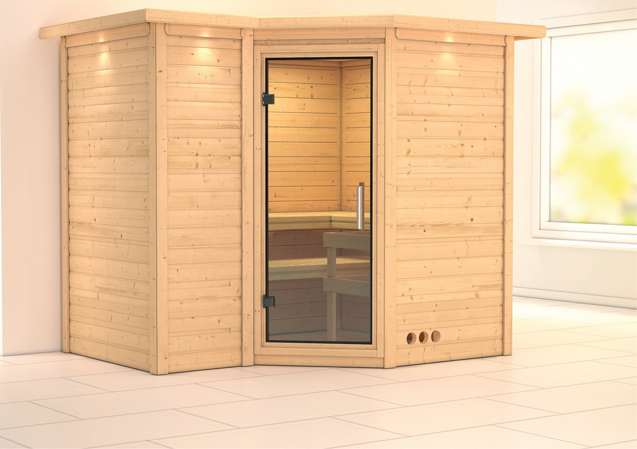 Karibu  Massivholzsauna SAHIB 2 2,36 x 1,84 m 40 mm  ohne Ofen mit Dachkranz Ganzglastür Klarglas 85737