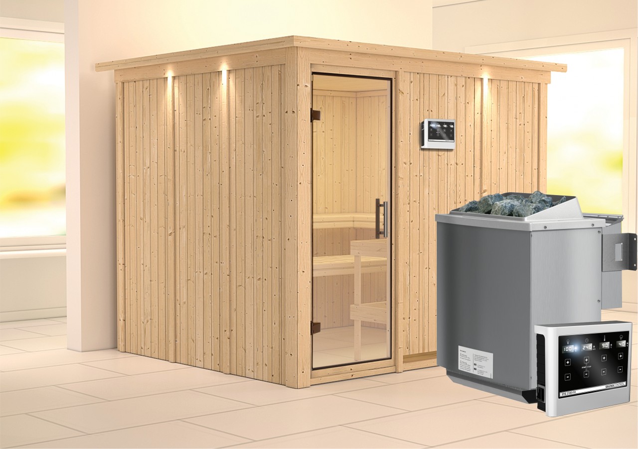 Sauna GOBIN 231 x 196 m 9.0 kW BioKombiofen inkl. Steuergerät mit Dachkranz Ganzglastür Klarglas