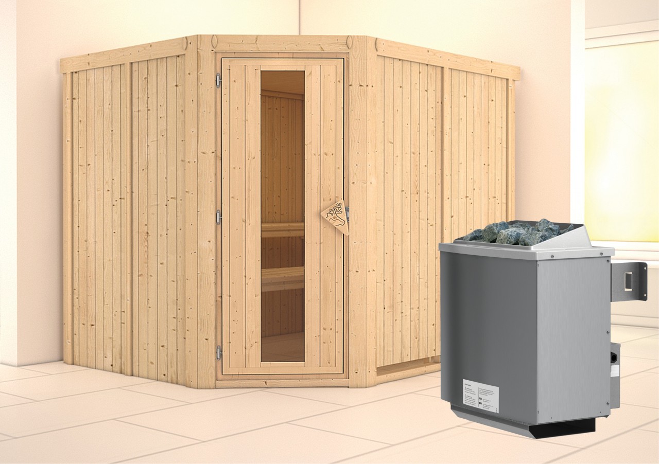 Sauna MALIN 231 x 196 m 9.0 kW Ofen integr. Steuerung ohne Dachkranz Energiespartür