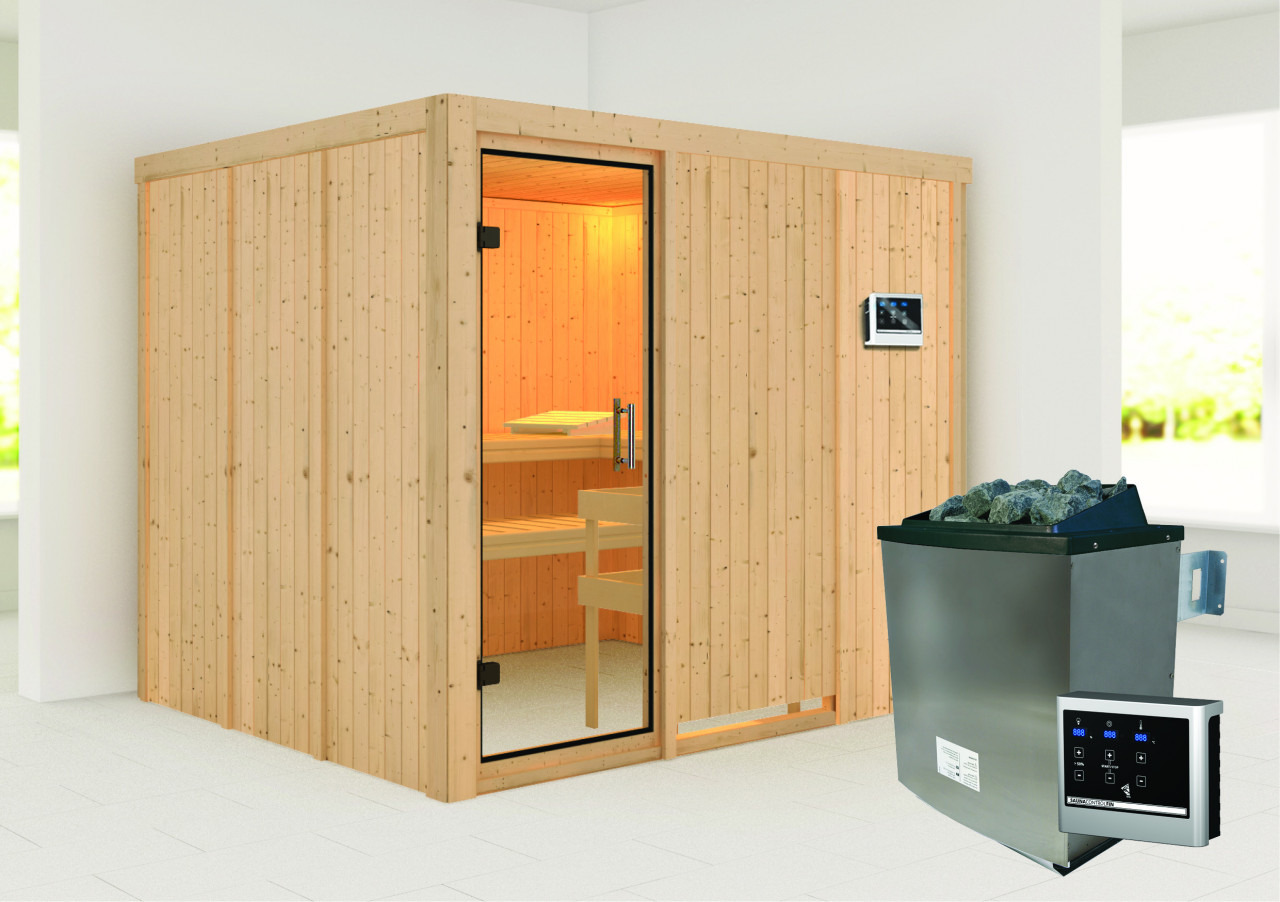 Sauna Innenkabine Gobin Innensauna 3 Sitzbänke aus Holz  Saunakabine mit 68 mm Wandstärke Infrarotsauna - Naturbelassen - Karibu