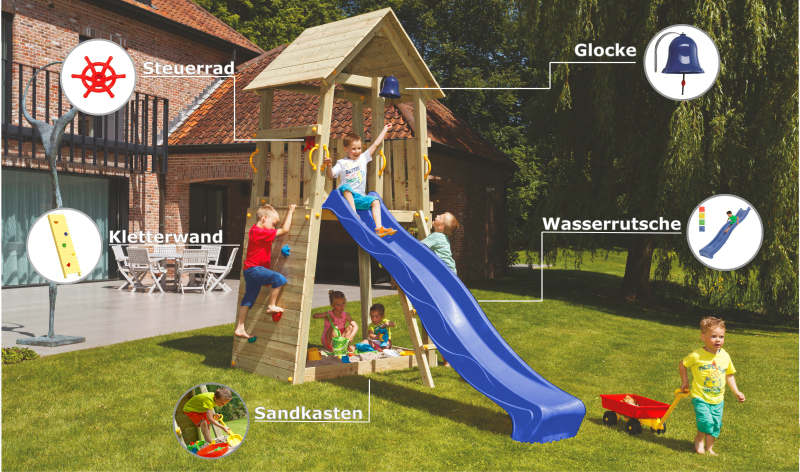 Spielturm BELVEDERE Rutsche Spielhaus Kletterturm Stelzenhaus Sandkasten - Bild 7 von 9