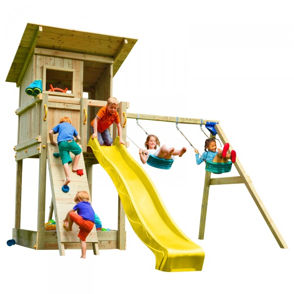 Spielturm BEACH HUT mit Rutsche + Doppelschaukel + Kletterwand