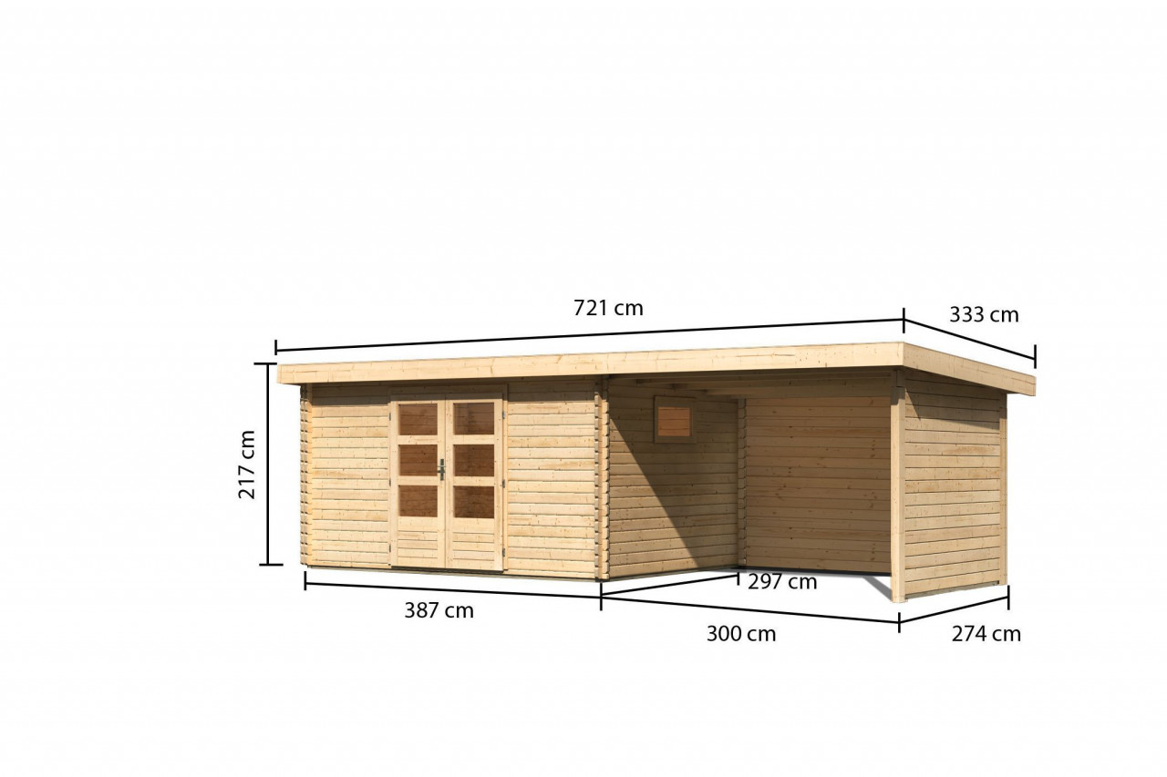 Gartenhaus Holz TRITTAU 5 387 x 297 m 38 mm Blockbohlenhaus Naturbelassen inkl. 330 m Anbaudach + Seiten und Rückwand