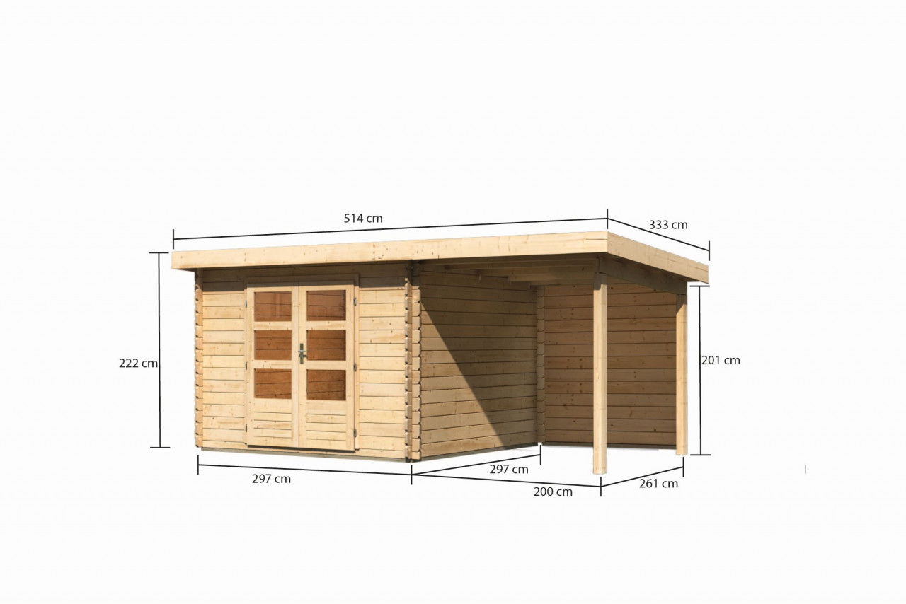 Gartenhaus Holz BASTRUP 5 297 x 297 m 28 mm Blockbohlenhaus Naturbelassen inkl. 200 m Anbaudach + Rückwand