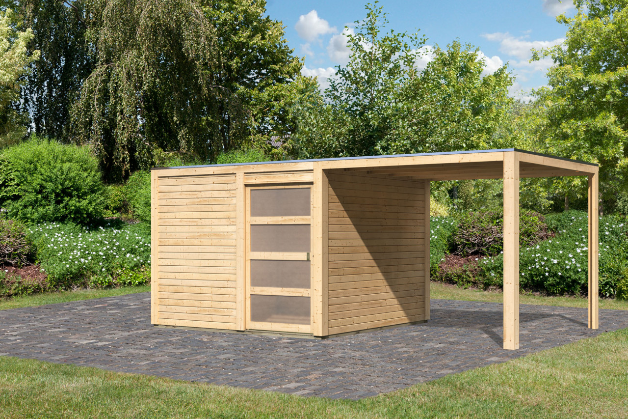 Gartenhaus QUBIC 2 272 x 272 m Naturbelassen Mit Anbaudach