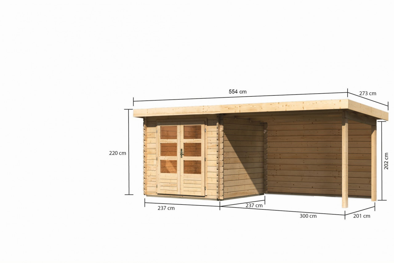 Karibu Gartenhaus "Schloßsee 2" mit Anbaudach und Rückwand