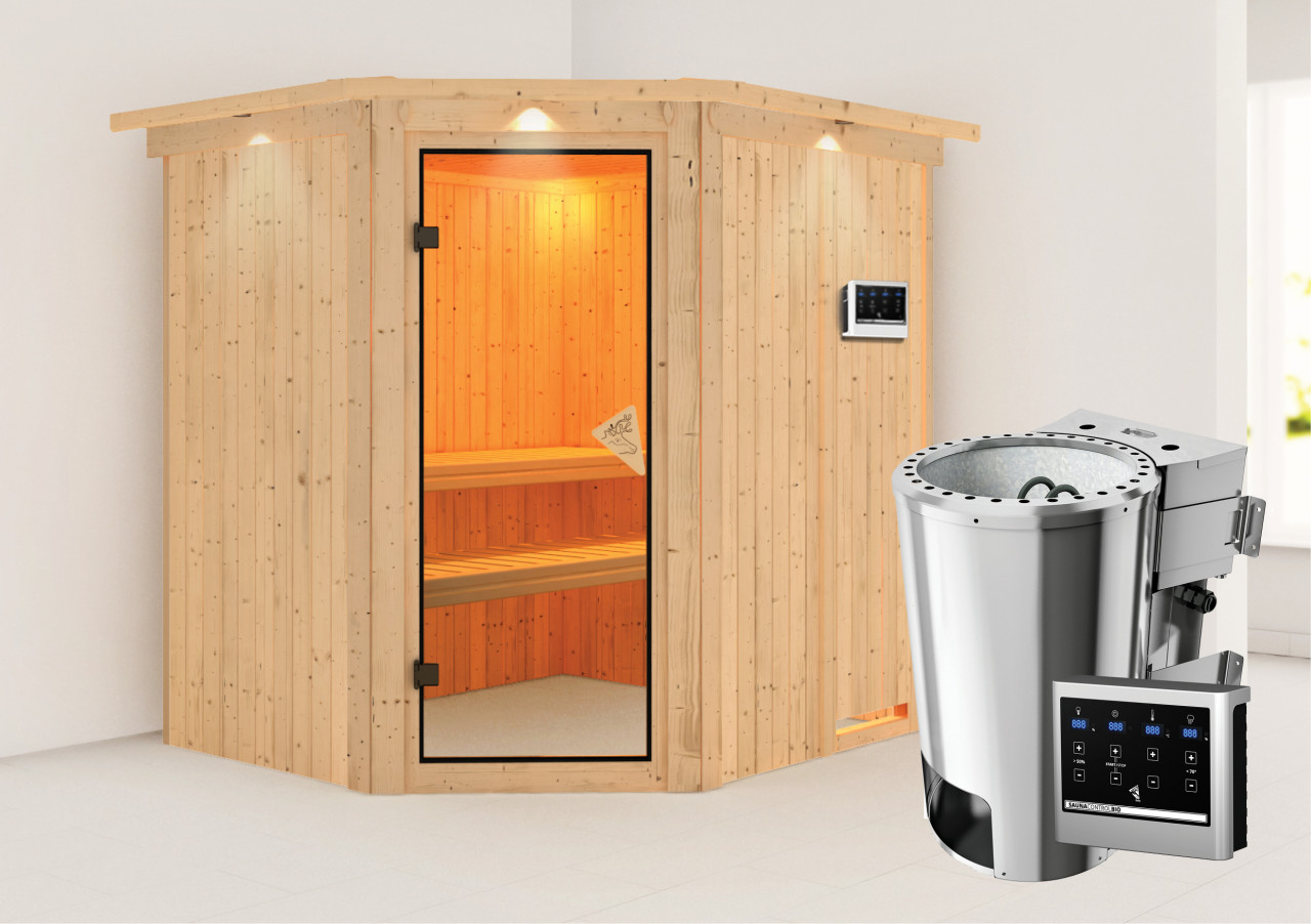 Sauna LILJA 196 x 170 m 3.6 kW BioKombiofen ext. Steuerung mit Dachkranz Ganzglastür bronziert