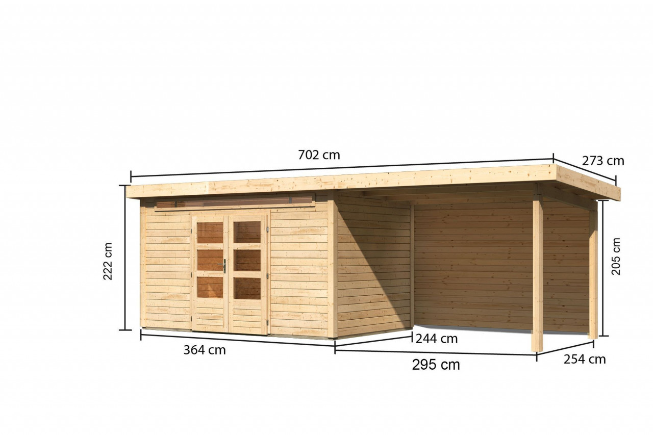Gartenhaus Holz KANDERN 7 364 x 244 m 28 mm Flachdachhaus Naturbelassen inkl. 320 m Anbaudach + Rückwand